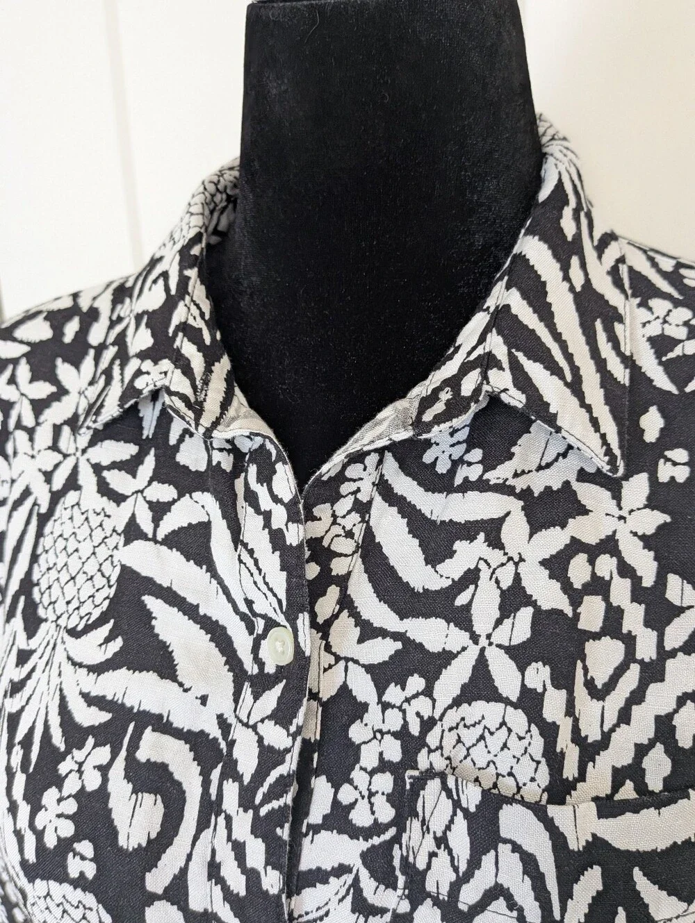 LOFT Linen Blend Maxi Shirt Dress Black & White Pineapple Sz 10 P Long Sleeve